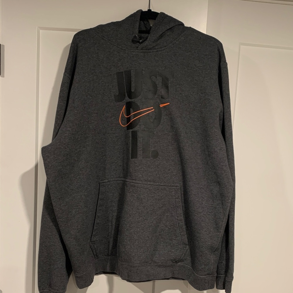 EUC Nike Charcoal Hoodie with Orange Logo - Just Do It.
